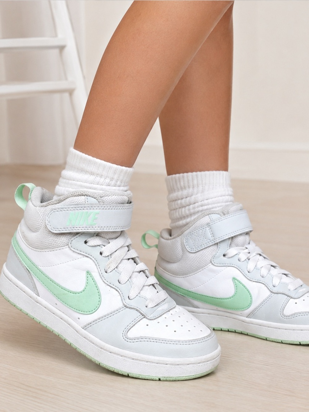 Nike Court Borough Mid 2 White Mint Green Mid Top Sneakers Youth 4Y